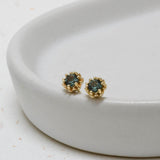 Yellow Gold and Teal Tourmaline Protea Studs - 4mm