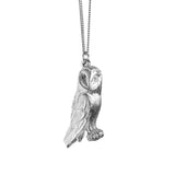 Sterling Silver hand crafted Barn Owl necklace with detailed face and wing pattern.