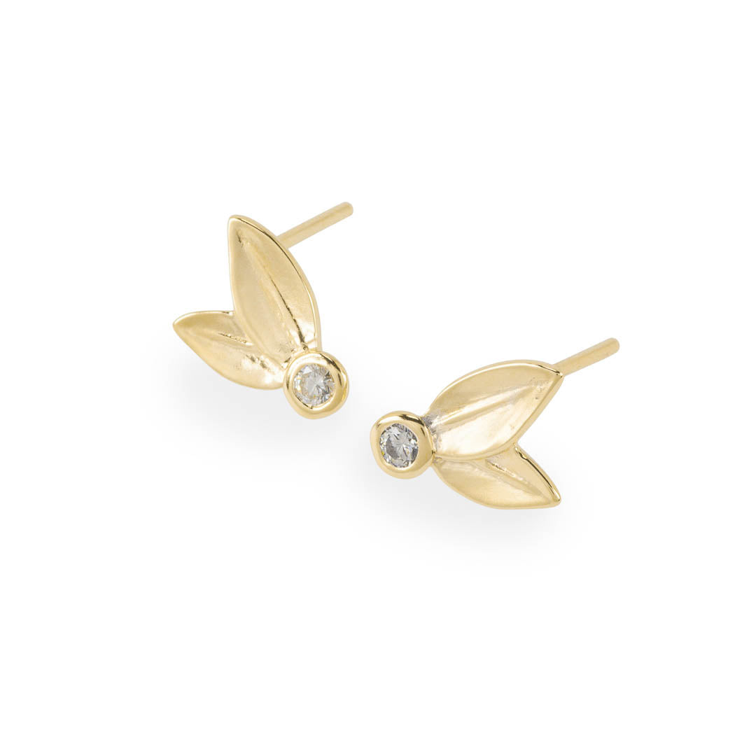 Yellow gold two leaf stud earrings set with diamonds