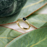 Yellow gold handmade ring set with a central round 'peacock' sapphire and pavé diamonds down the shank on a green Protea leaf background