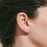 Forget-Me-Not Flower inspired studs with leaf details manufactured in sterling silver and set with lilac sapphires