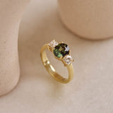 14ct Yellow Gold Green Oval Sapphire and Radiant Cut Diamond Trilogy Ring