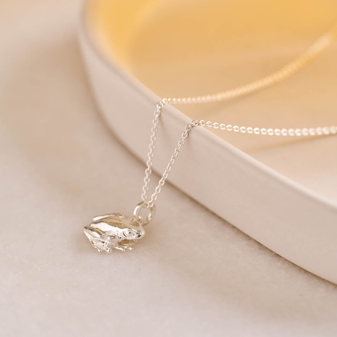 A miniature silver frog jewellery charm on a silver rolo chain.