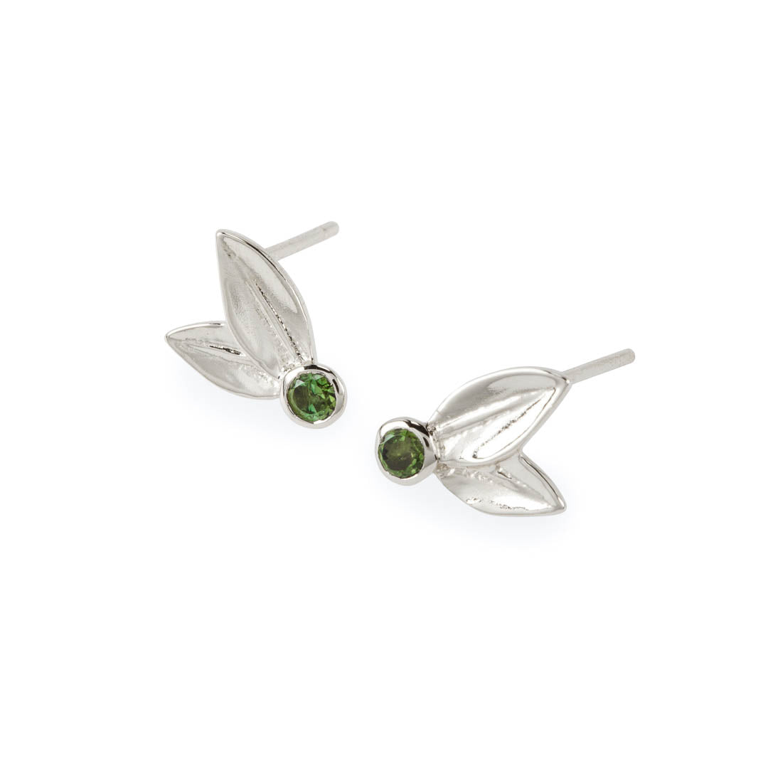 Sterling silver two leaf studs earrings set with green tourmalines