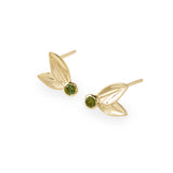 Yellow gold two leaf stud earrings set with green tourmaline