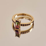 9ct Yellow Gold Watermelon Tourmaline and Black Diamond Ring