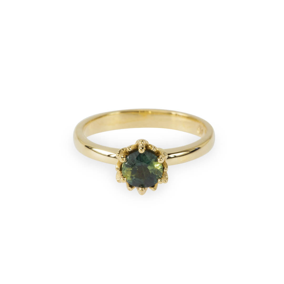 Unique Bi-colour sapphire set in Botanica's iconic Protea Ring - manufactured in 9ct yellow gold.