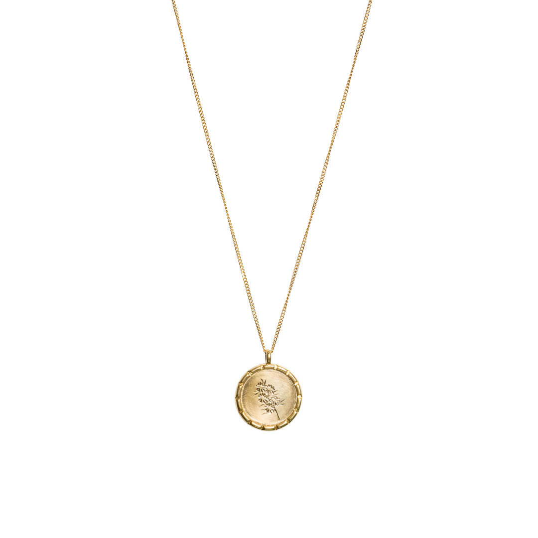 Yellow gold disc pendant with a hand engraved Confetti Bush wildflower illustration