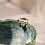 A teal rectangular cut tourmaline set in a yellow gold ring.