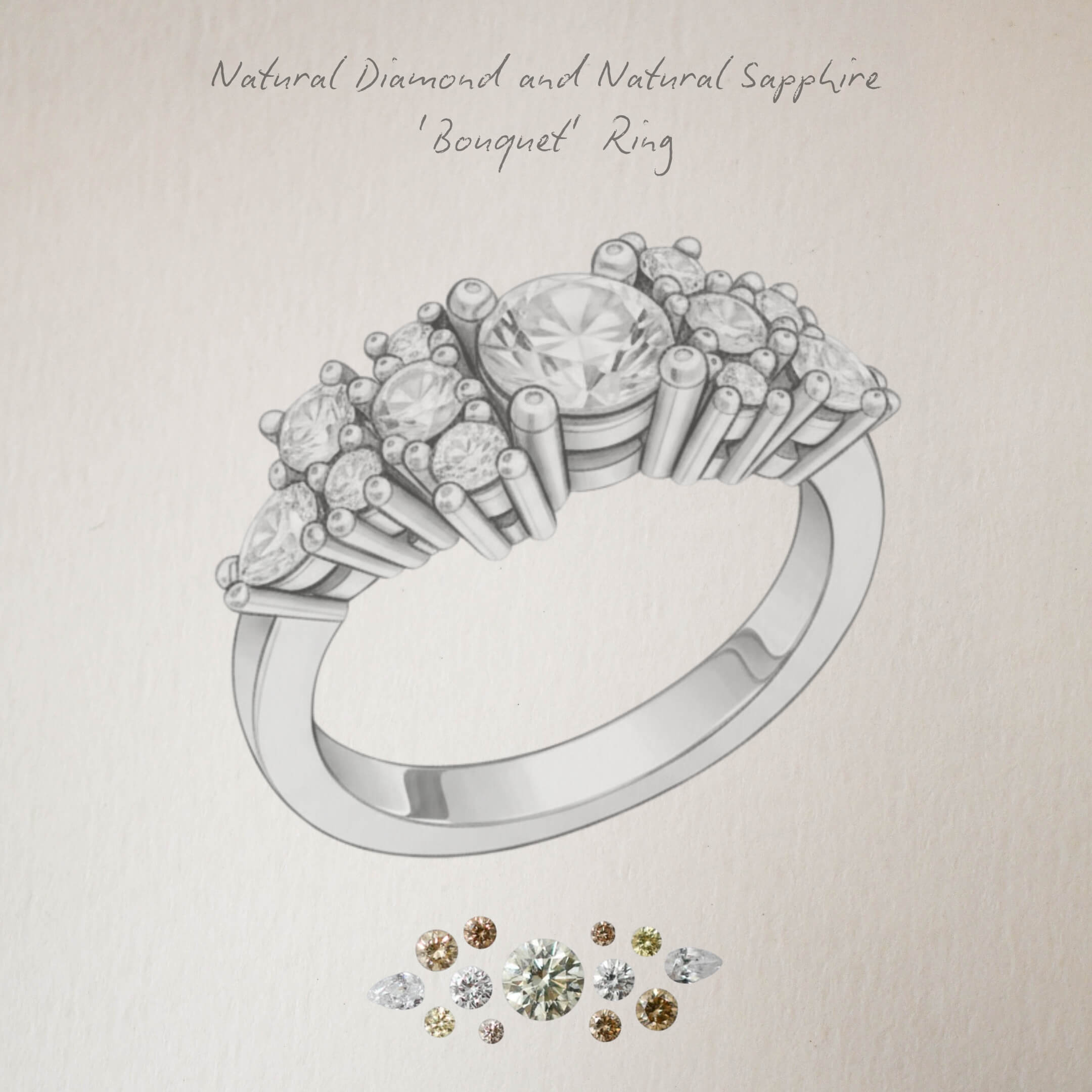 Bouquet Ring with Diamond, Sapphires and Cognac Diamonds