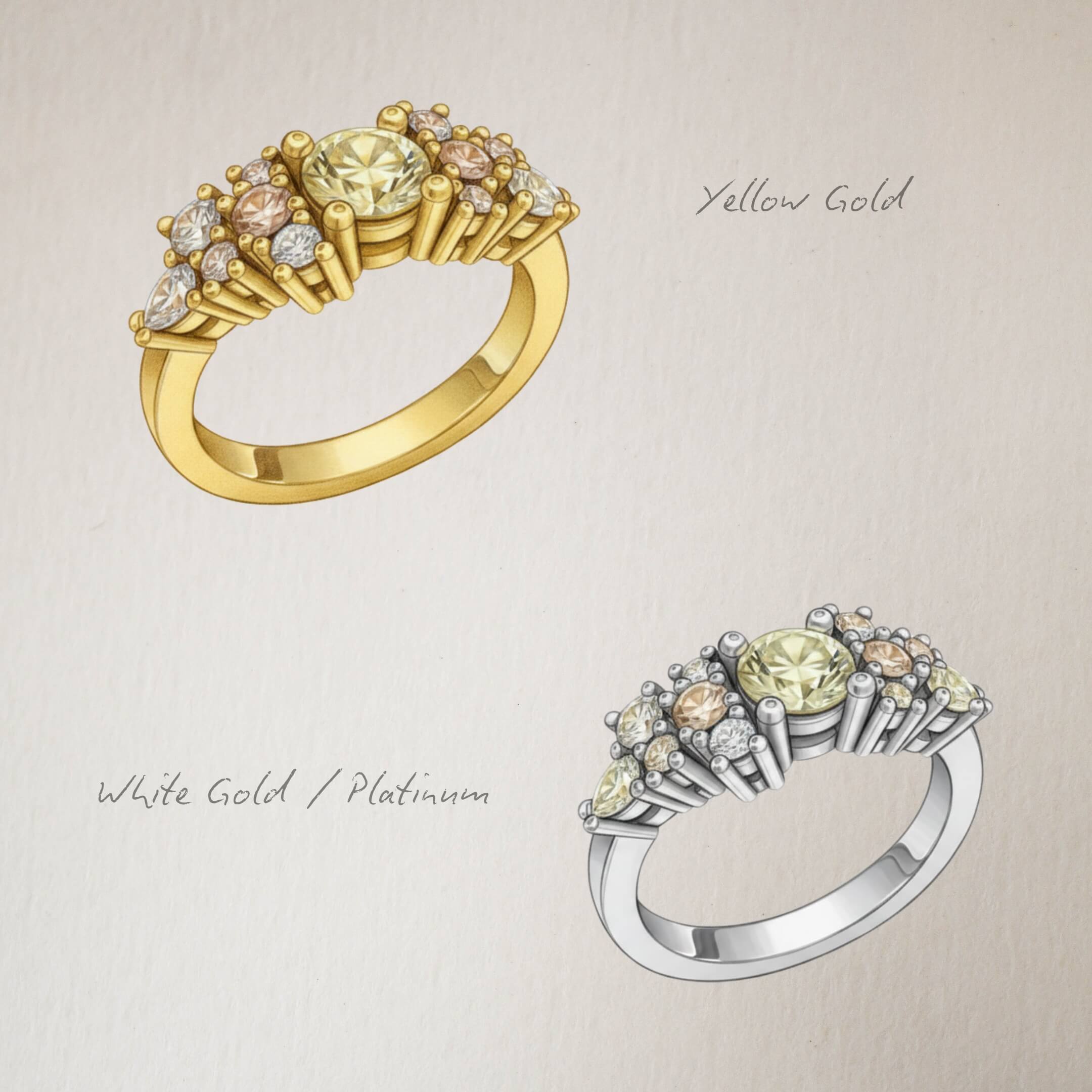 Bouquet Ring with Diamond, Sapphires and Cognac Diamonds