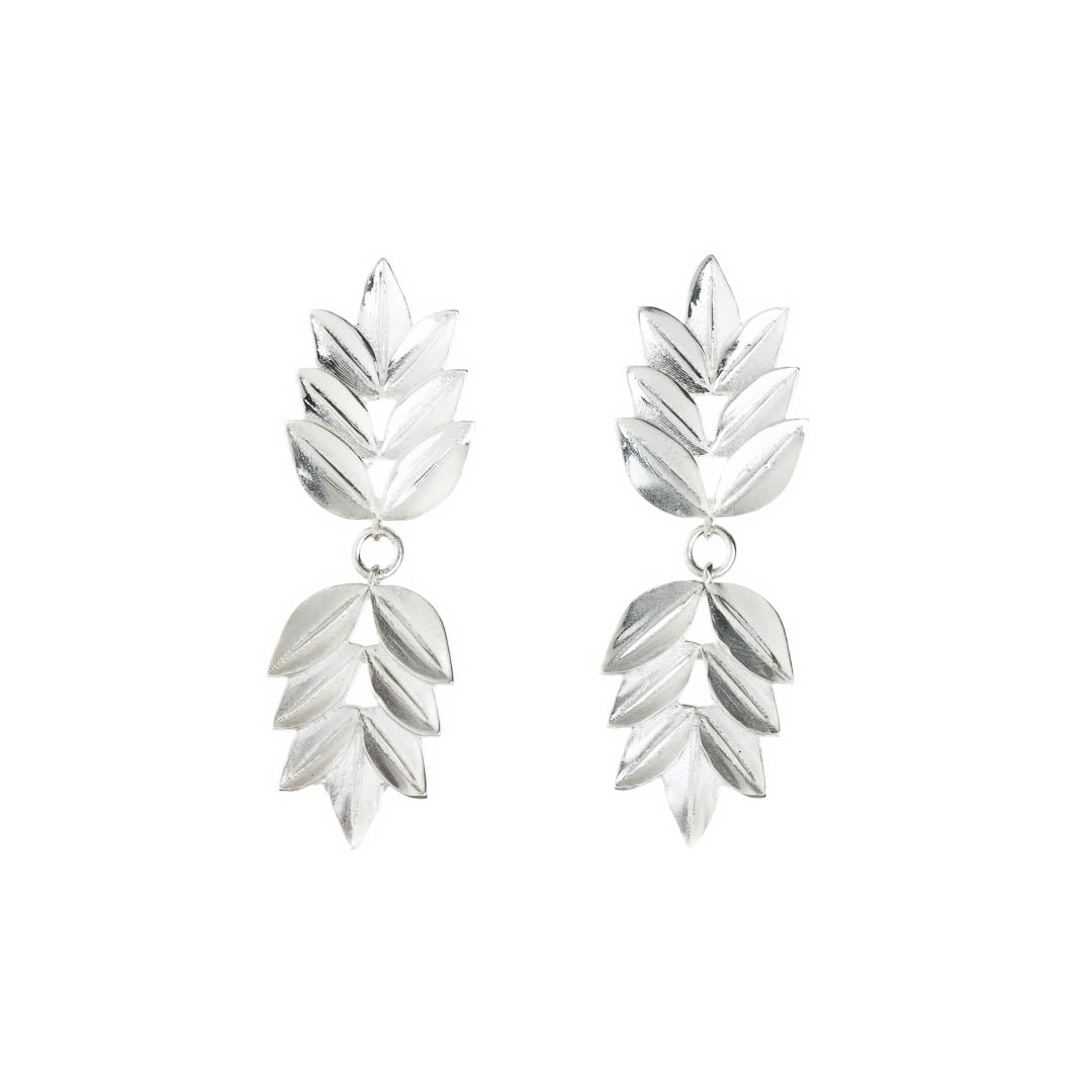 28 overlapping leaves creating unique statement earrings manufactured in sterling silver