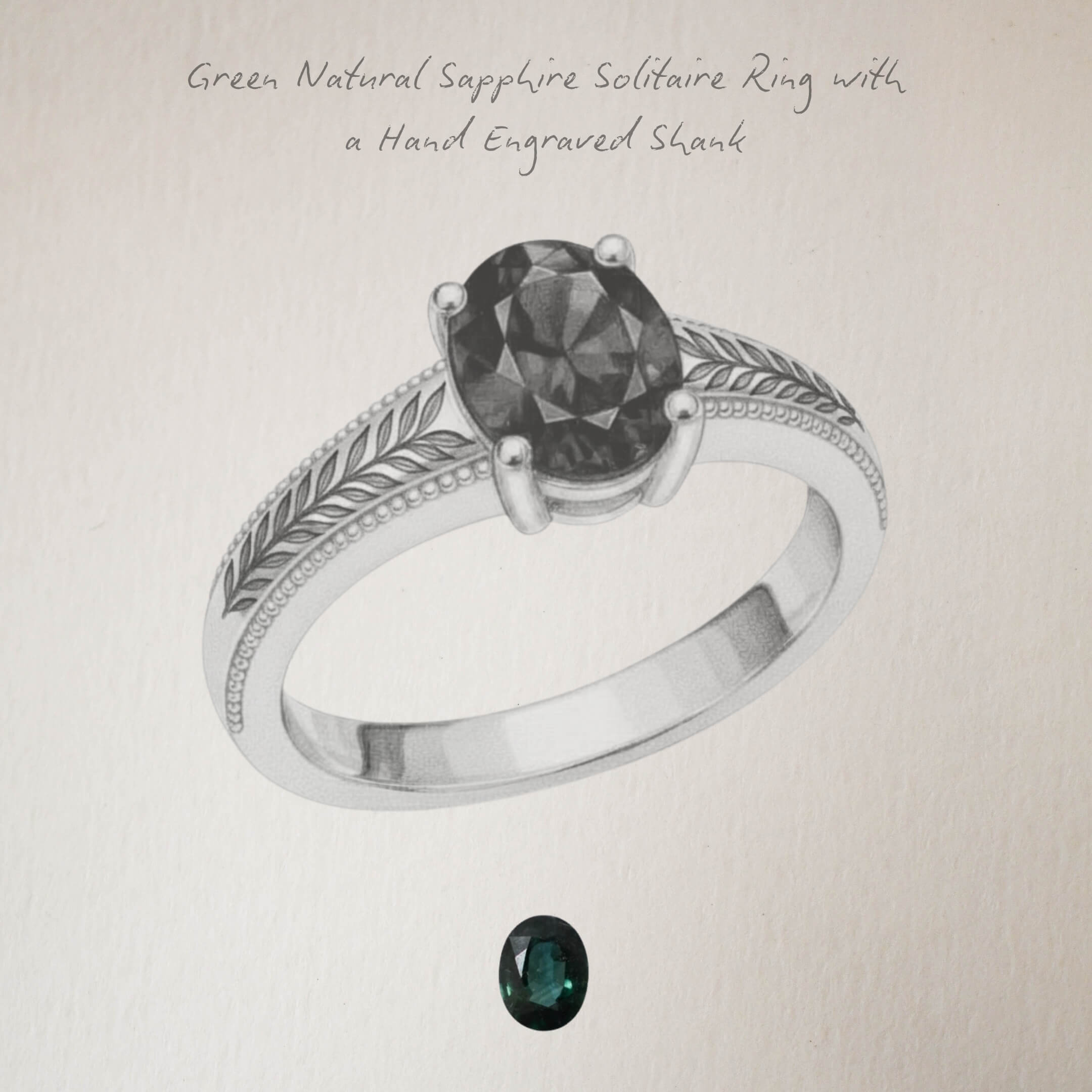 Oval Green Sapphire Hand Engraved Ring