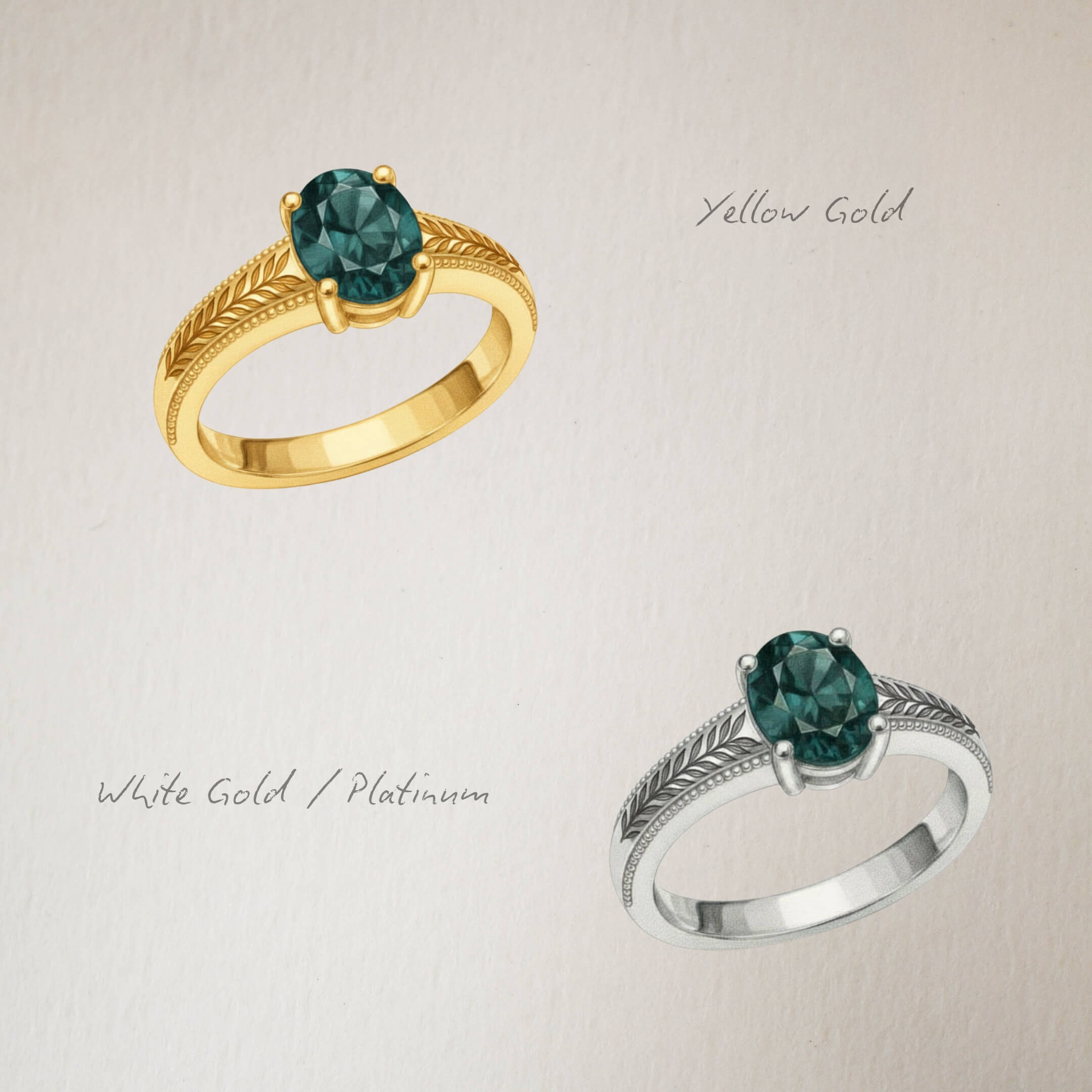 Oval Green Sapphire Hand Engraved Ring