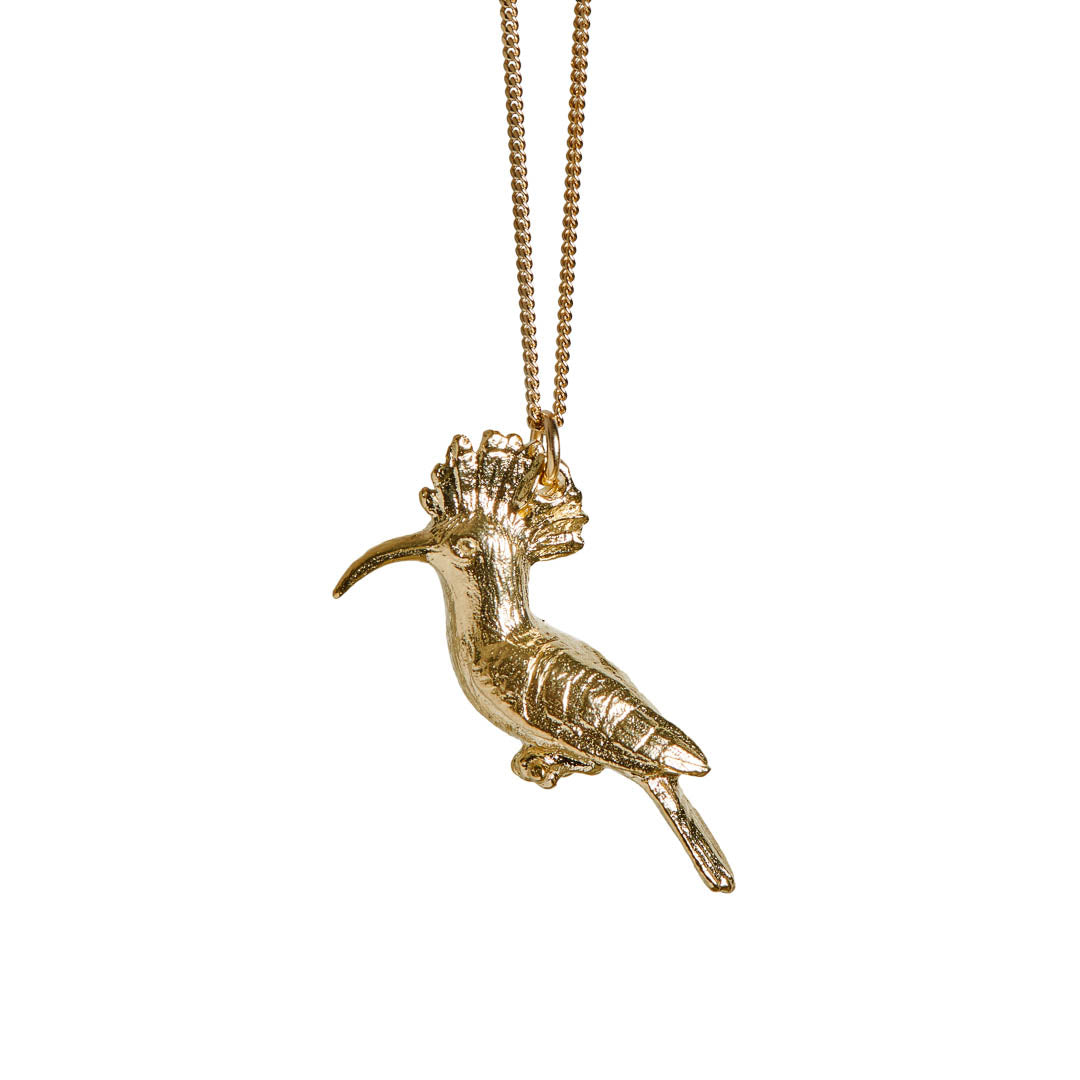 9ct Yellow Gold hand crafted African Hoopoe necklace with detailed face and wing pattern.