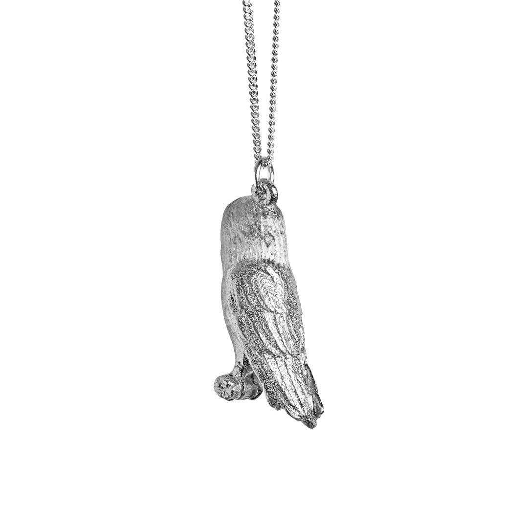 Sterling Silver hand crafted Barn Owl necklace with detailed face and wing pattern.