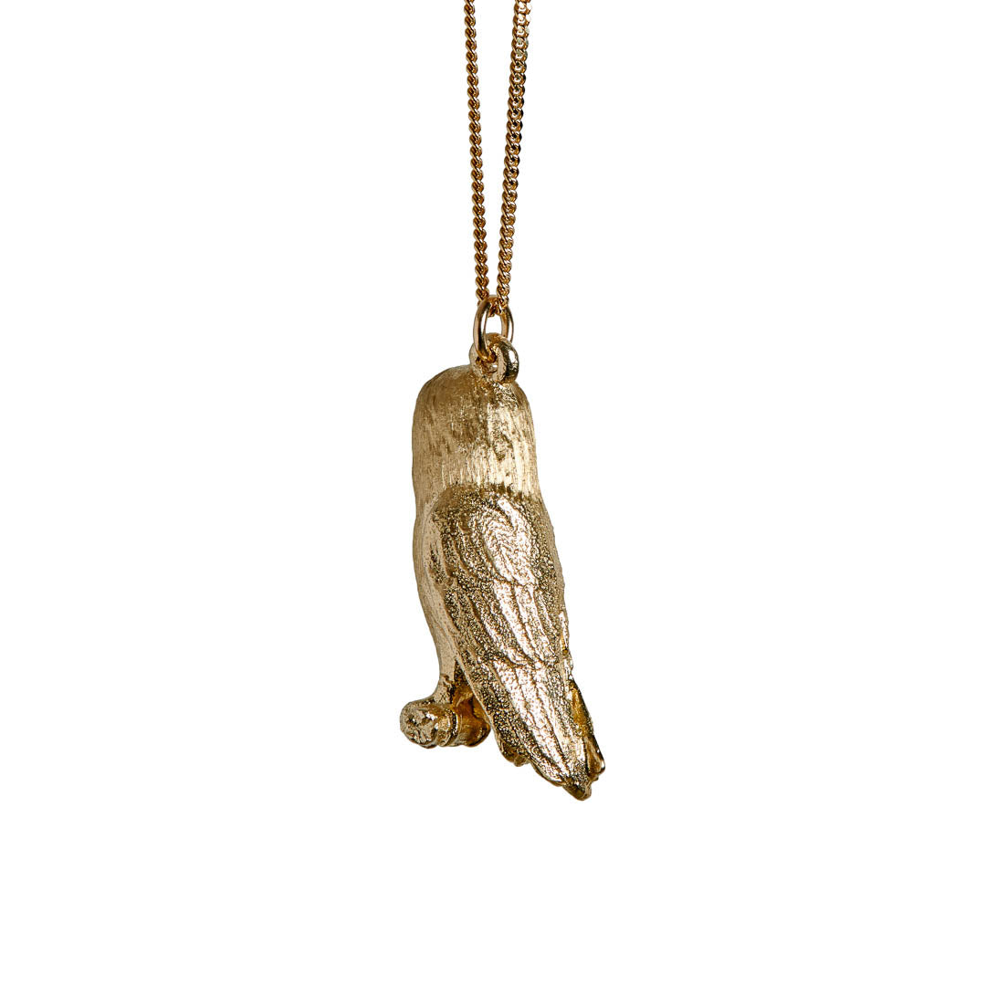 9ct Yellow Gold hand crafted Barn Owl necklace with detailed face and wing pattern.