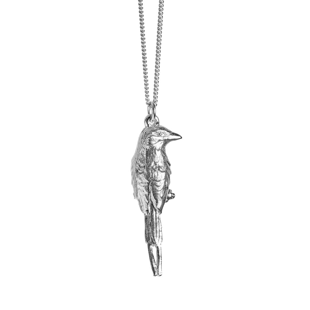 Sterling Silver hand crafted Lilac-breasted Roller necklace with detailed face and wing pattern.