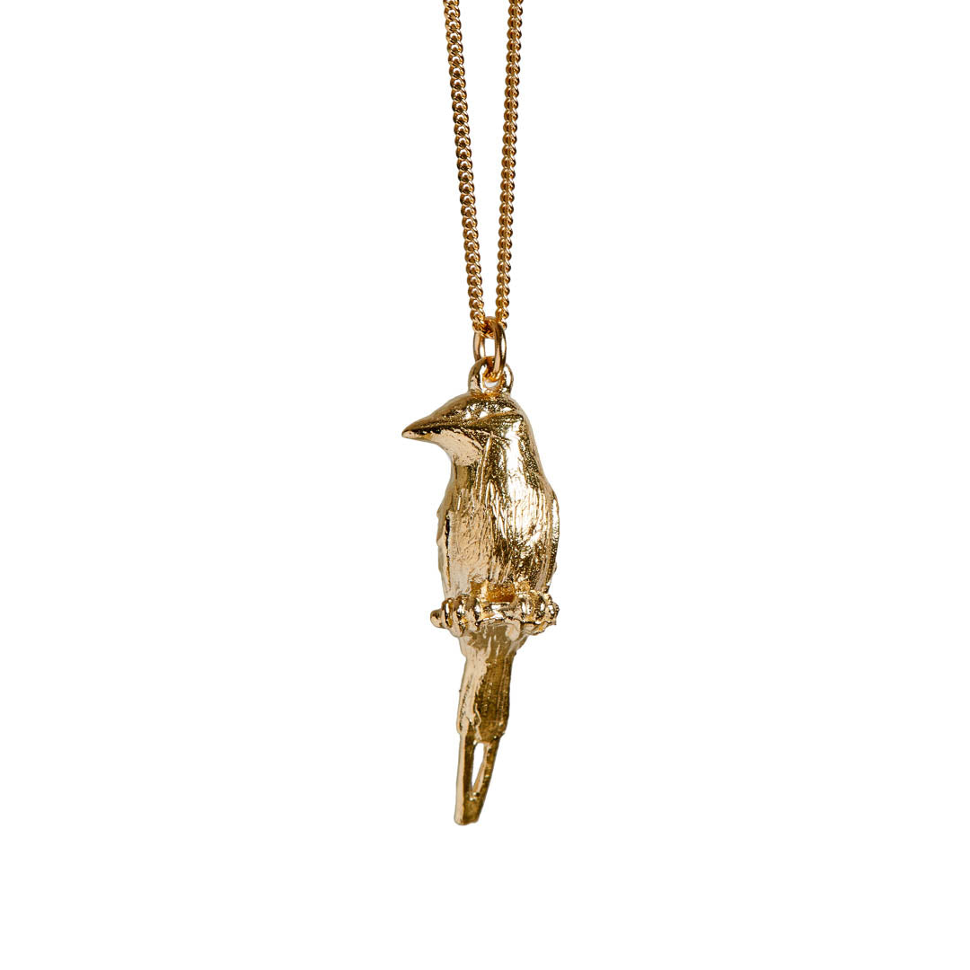 9ct Yellow Gold hand crafted Lilac-breasted Roller necklace with detailed face and wing pattern.