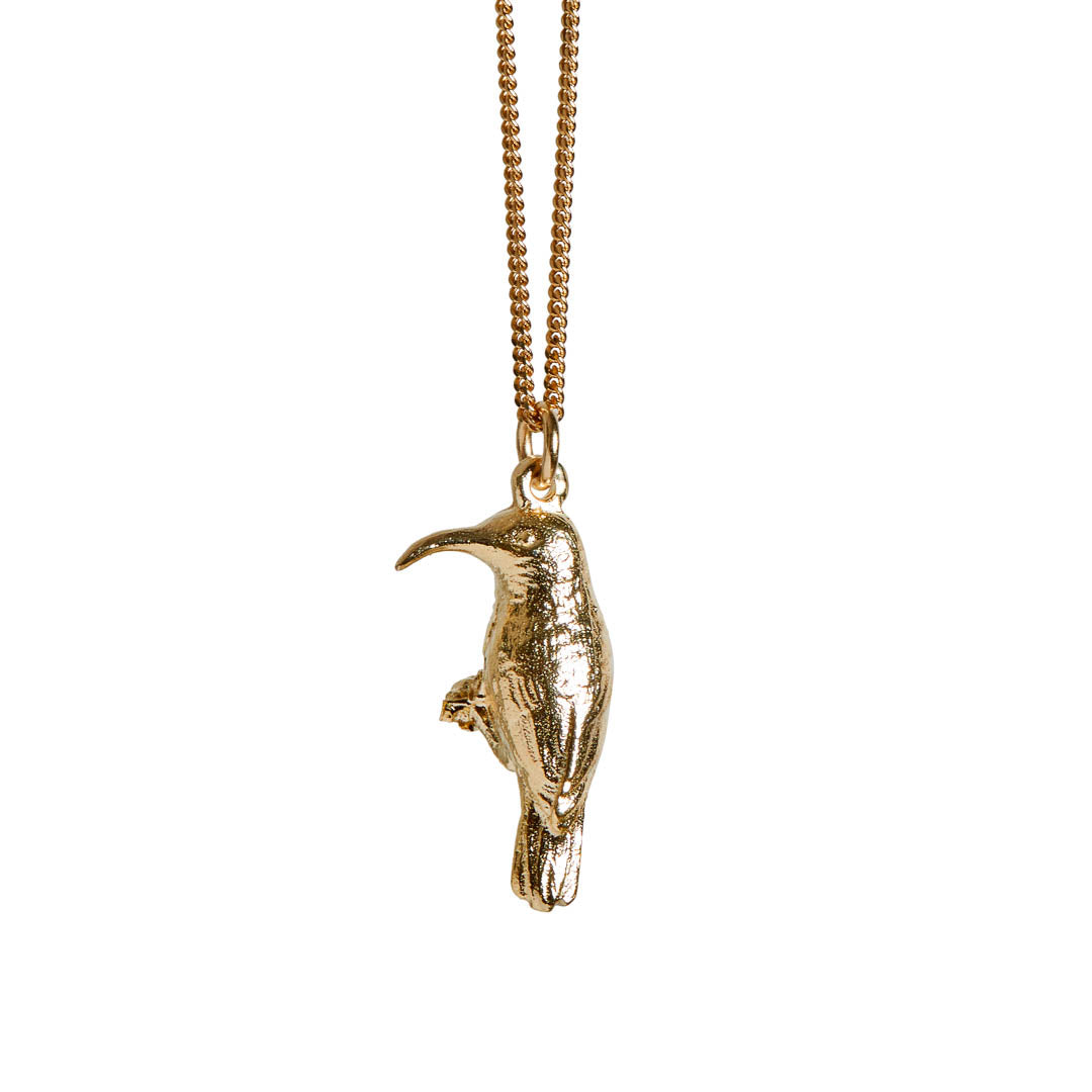 9ct Yellow Gold hand crafted Southern Double-Collared Sunbird necklace with detailed face and wing pattern.