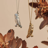 Sterling Silver and 9ct Yellow Gold hand crafted Barn Owl necklaces with detailed face and wing pattern.