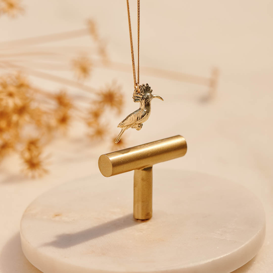 9ct Yellow Gold hand crafted African Hoopoe necklace with detailed face and wing pattern.