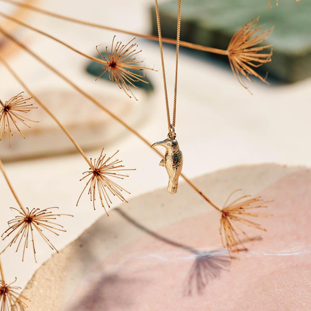 9ct Yellow Gold hand crafted Southern Double-Collared Sunbird necklace with detailed face and wing pattern.
