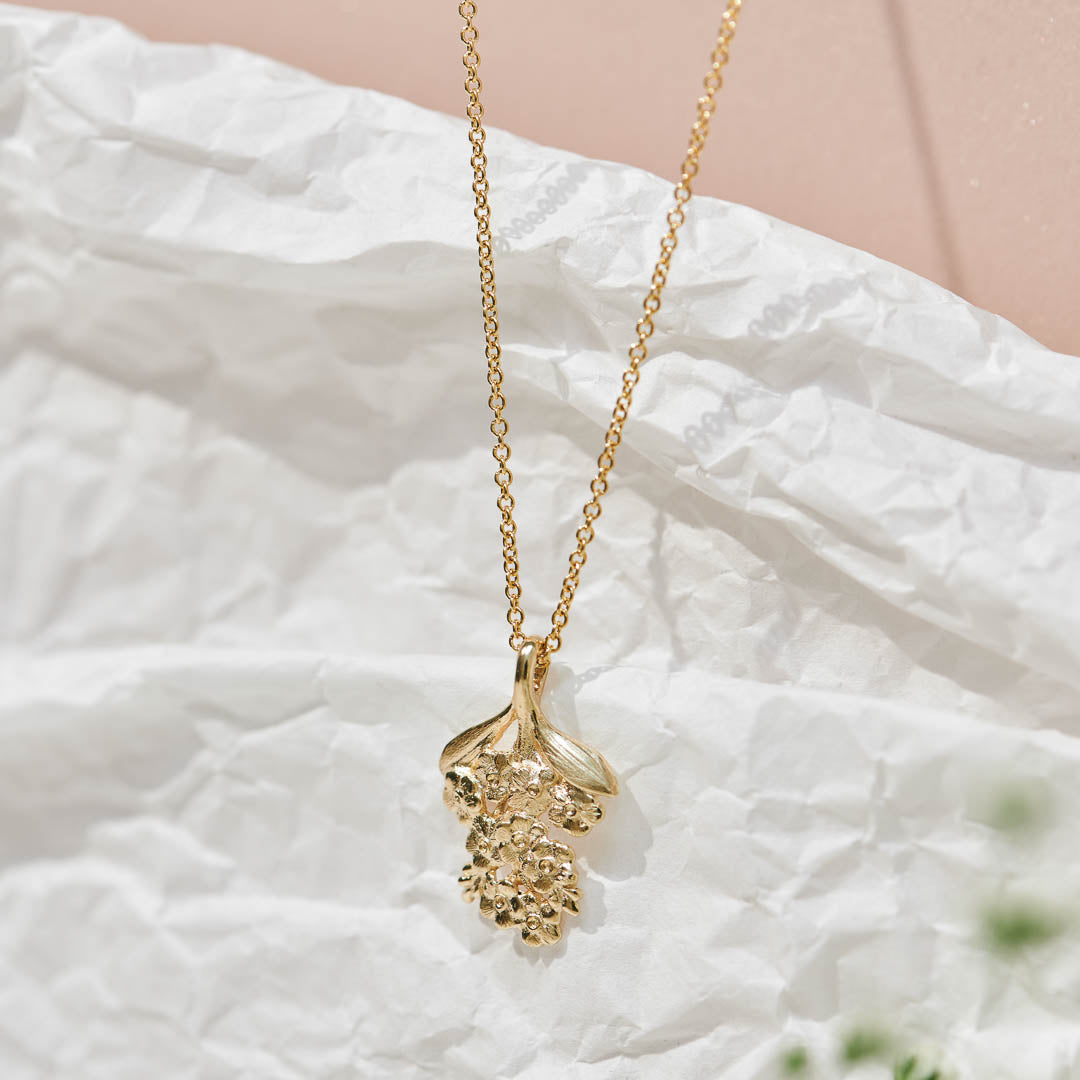 Forget-Me-Not flower inspired pendant with leaf detail, manufactured in 9ct yellow gold, and on a 9ct yellow gold rolo chain