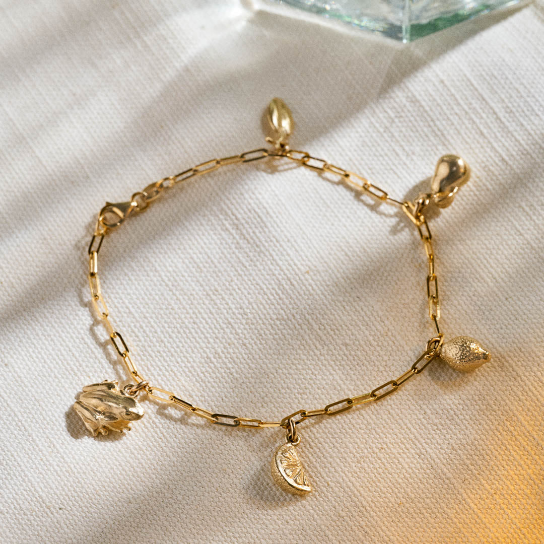 Yellow gold miniature frog, citrus wedge, lemon, pear, and leaf jewellery charms on a yellow gold paper clip chain.