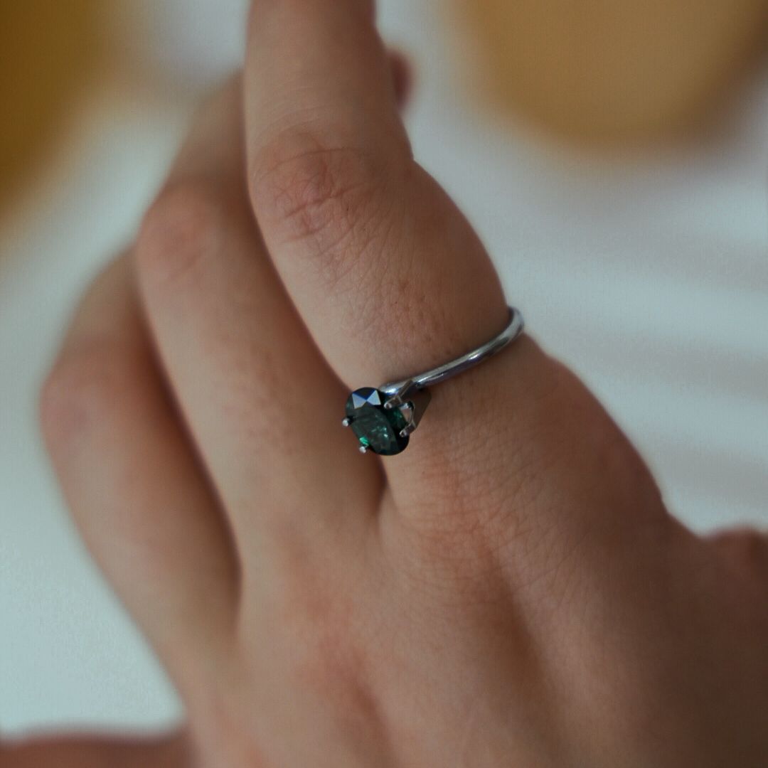 Oval Green Sapphire Hand Engraved Ring