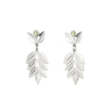 Acacia leaf inspired statement stud earrings manufactured in sterling silver with green tourmalines