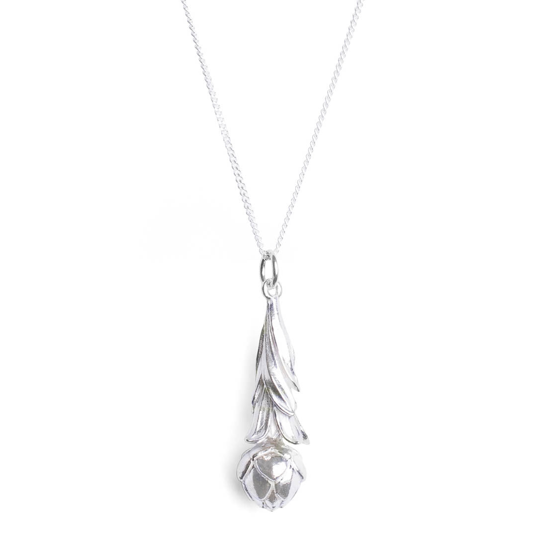 Botanica's King Protea Pod Pendant with Leaf Detail manufactured in sterling silver