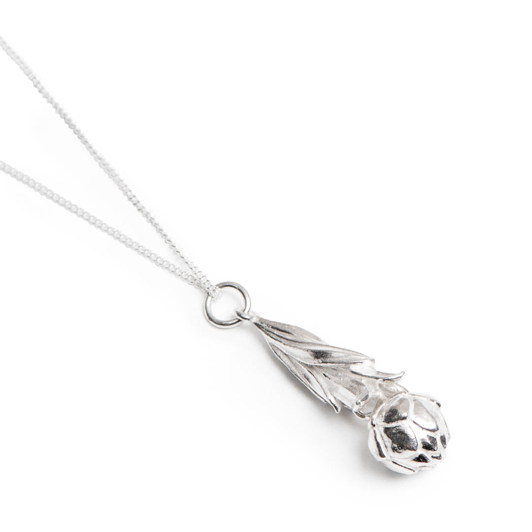 Botanica's King Protea Pod Pendant with Leaf Detail manufactured in sterling silver