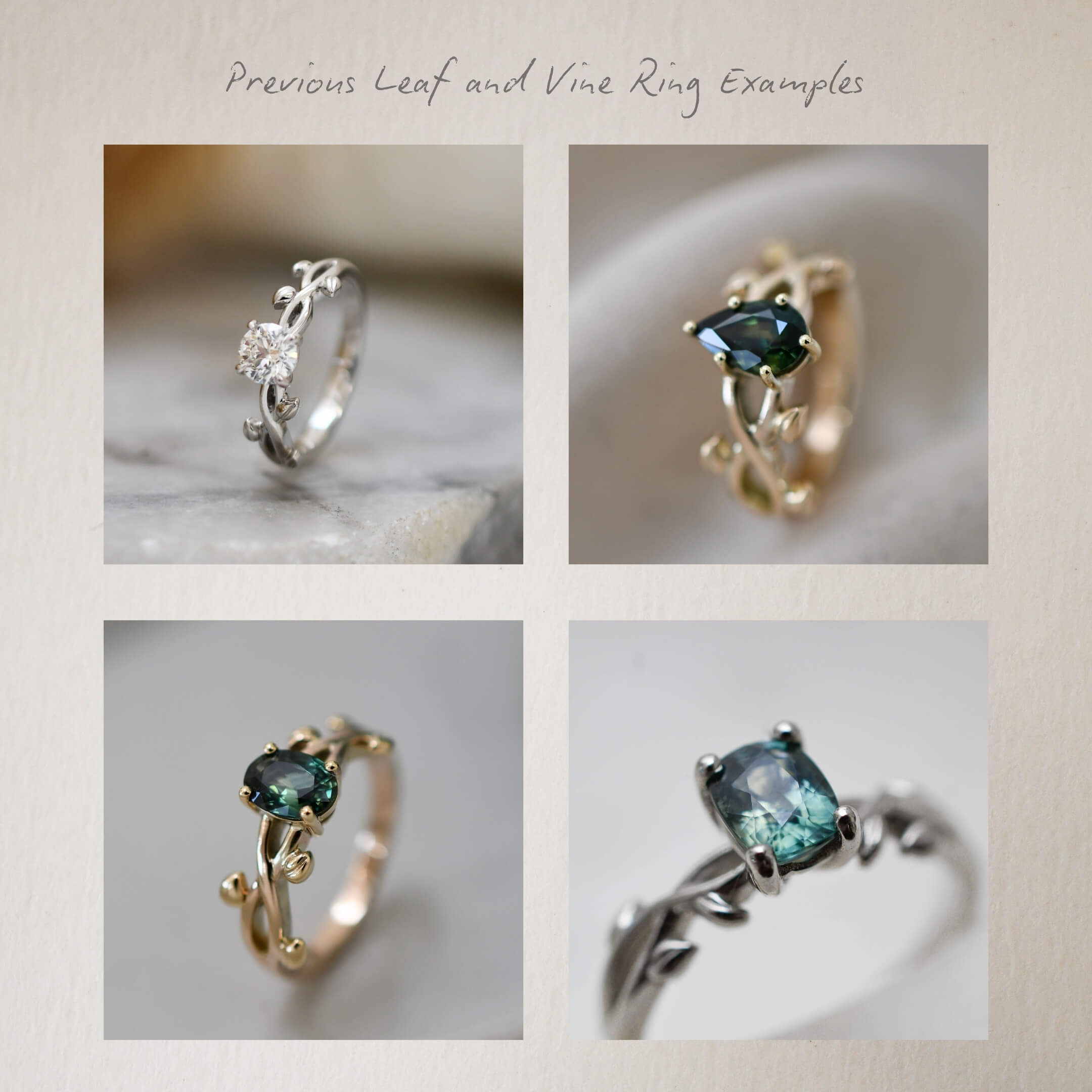 Collage of four ring images with green gemstones on a neutral background