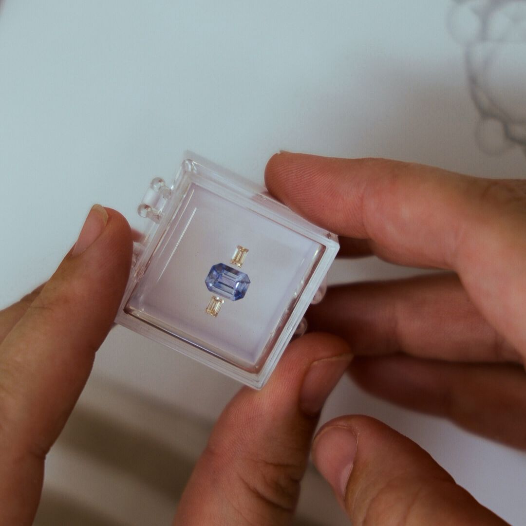 Emerald Cut Blue Sapphire and Baguette Diamond Trilogy