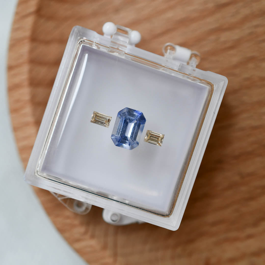 Emerald Cut Blue Sapphire and Baguette Diamond Trilogy