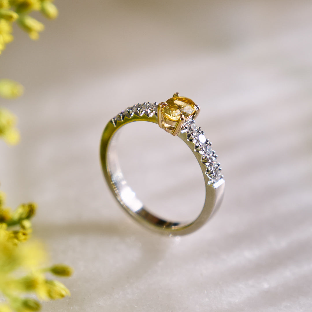 Platinum ring with central yellow sapphire set in yellow gold, and french pave natural diamonds on a blurred natural background
