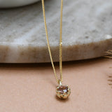 Yellow Gold Pink Tourmaline Protea Necklace - Curb Chain