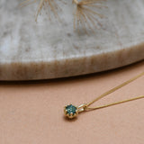 Yellow Gold Teal Sapphire Protea Necklace - Curb Chain