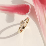 A round diamond set in Botanica's iconic Protea ring manufactured in 9ct yellow gold