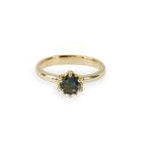 A round teal sapphire set in Botanica's iconic protea ring manufactured in 9ct yellow gold.