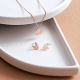 Rose gold Two Leaf earrings and necklace together as a set.