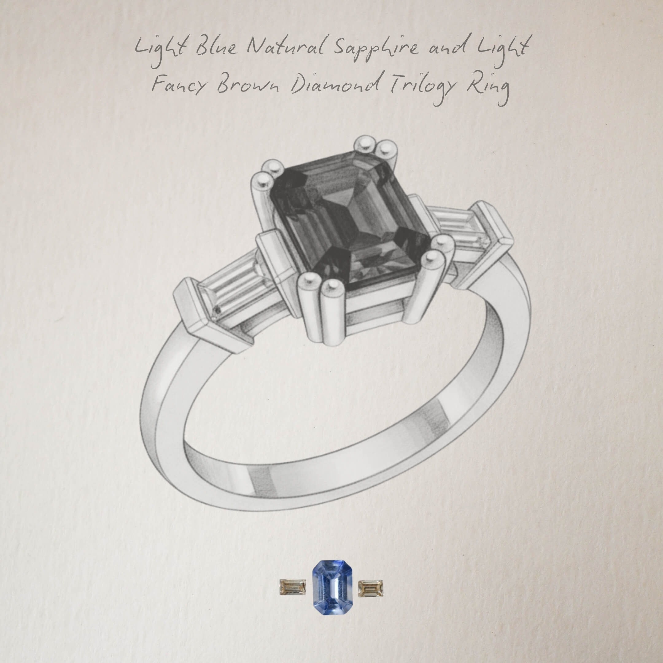 Emerald Cut Blue Sapphire and Baguette Diamond Trilogy