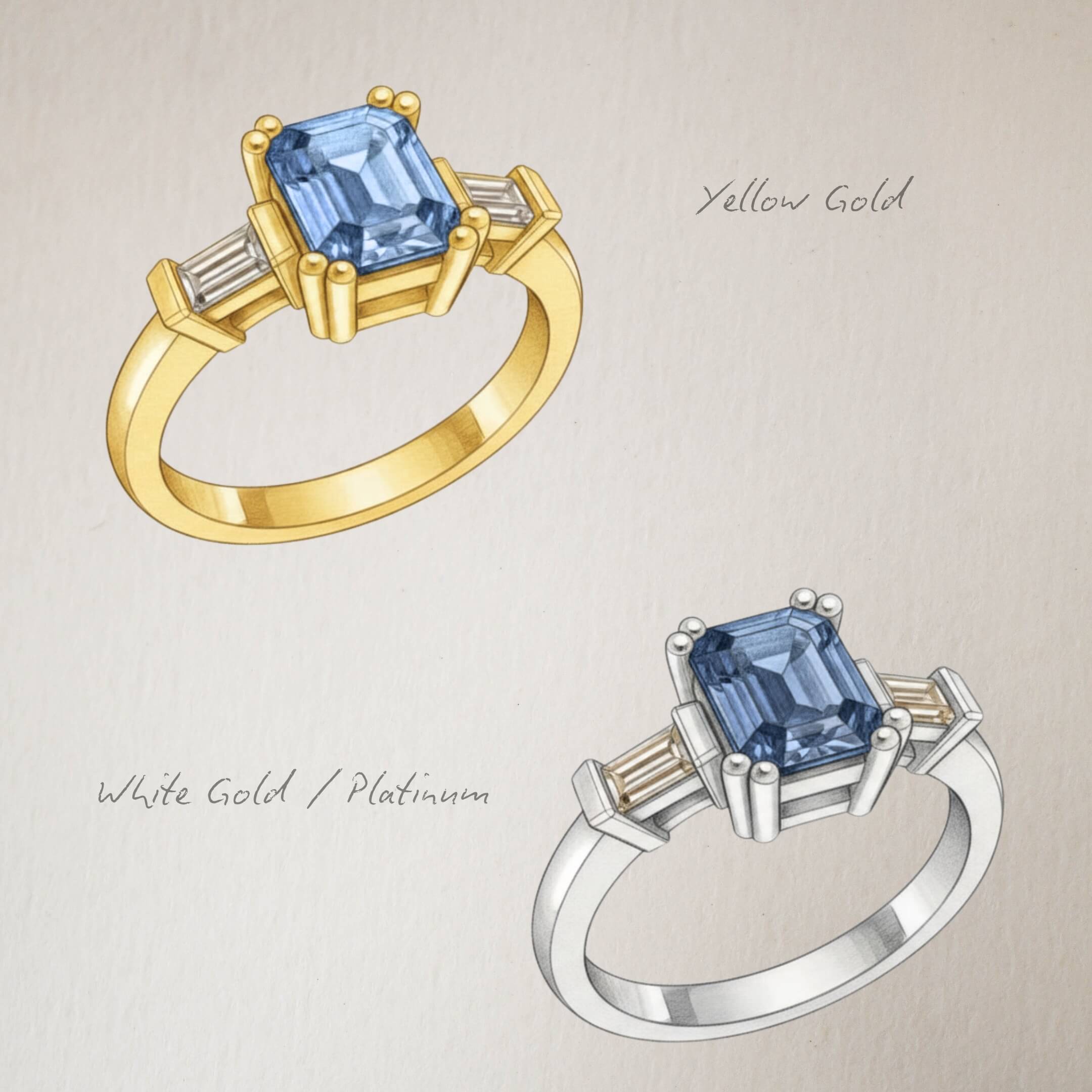 Emerald Cut Blue Sapphire and Baguette Diamond Trilogy