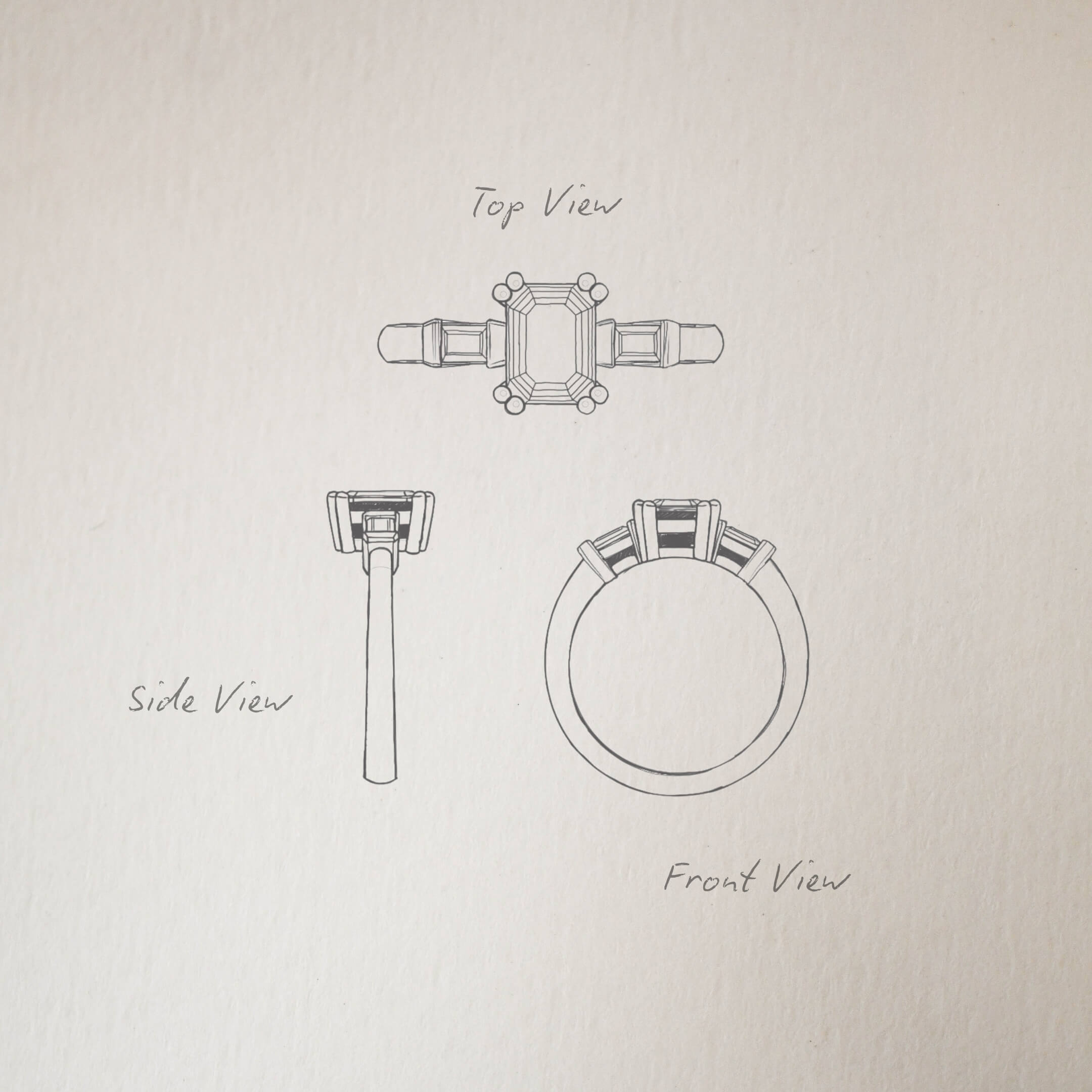 Emerald Cut Blue Sapphire and Baguette Diamond Trilogy