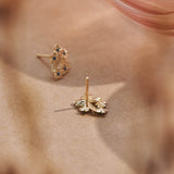 Forget-Me-Not Flower inspired studs with leaf details manufactured in 9ct yellow gold and set with light blue sapphires