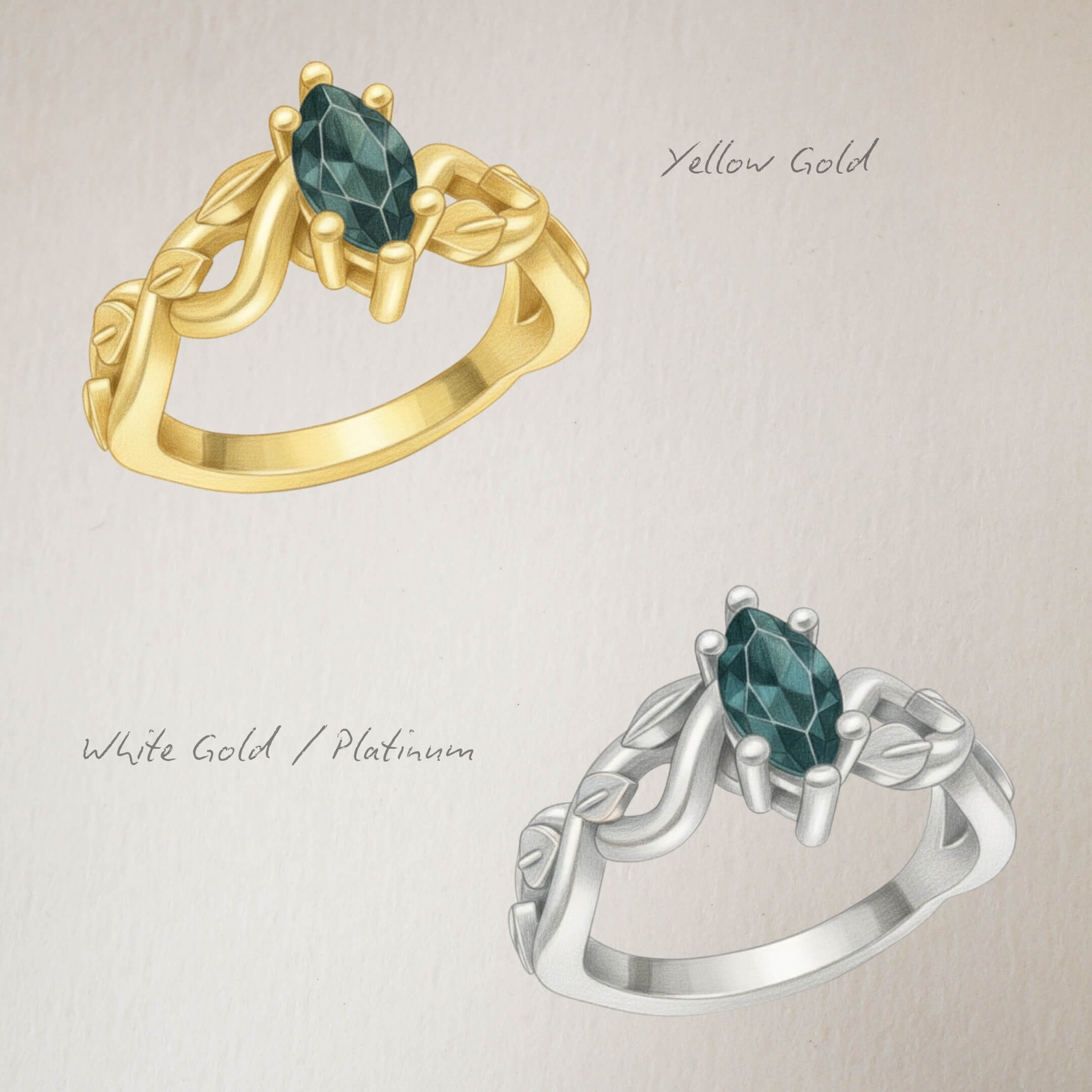 Marquise Sapphire Leaf and Vine Ring