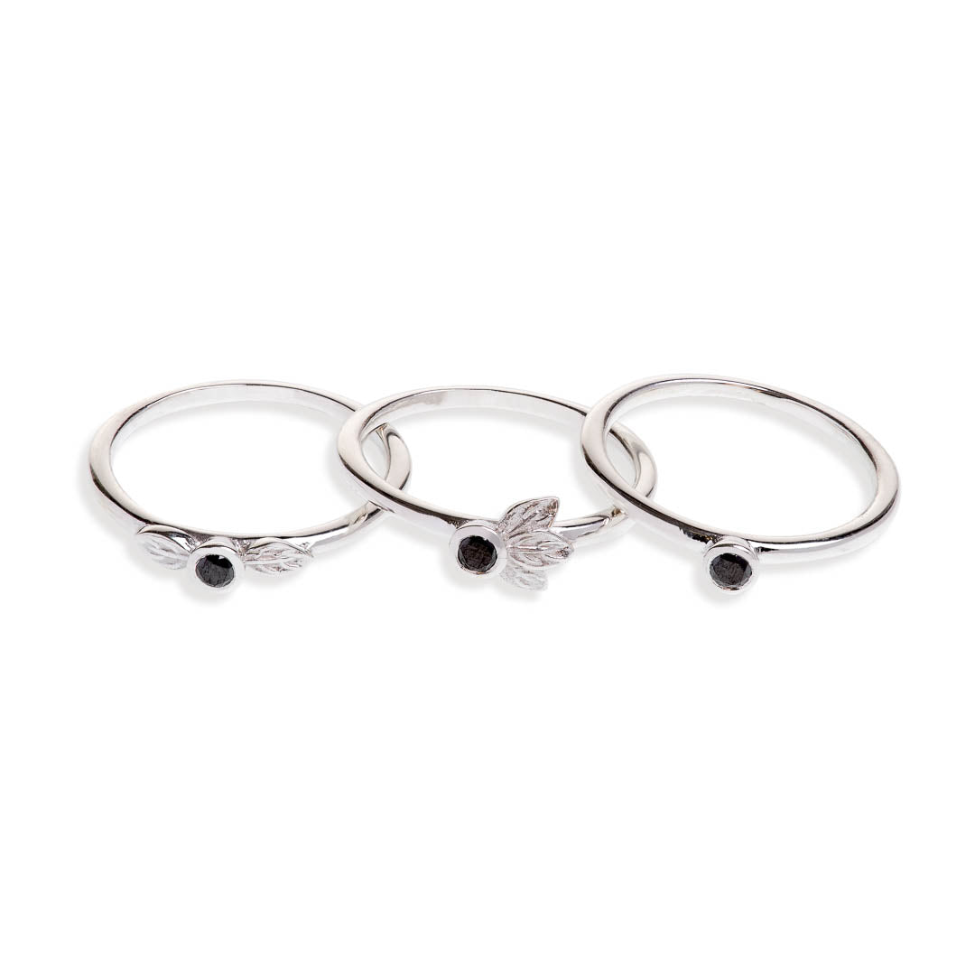 Three sterling silver stacking rings set with black diamonds