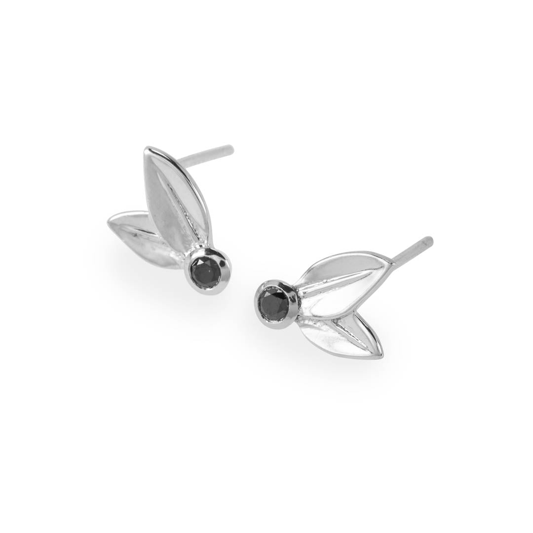 Unique Two Leaf Sterling Silver stud earrings set with two black diamonds.