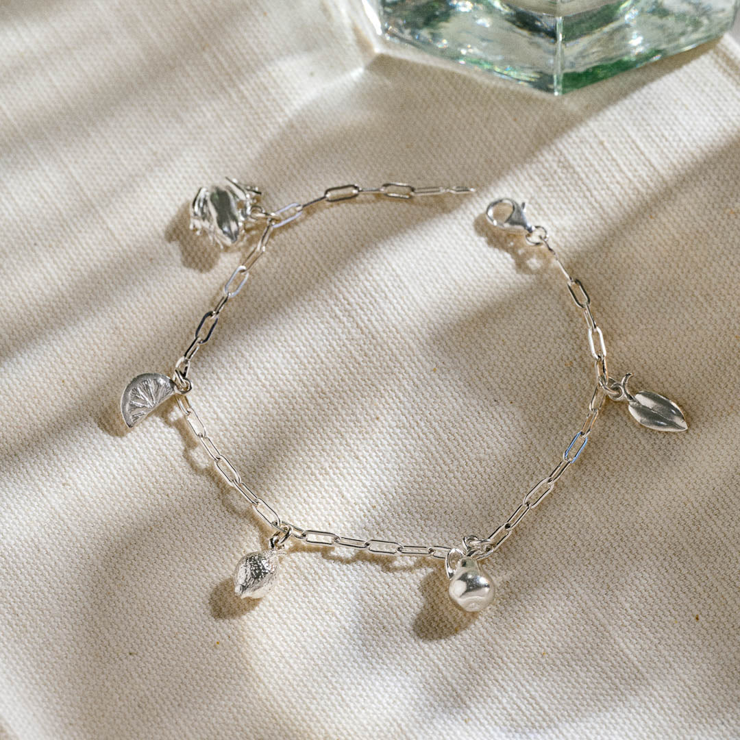 Silver miniature frog, citrus wedge, lemon, pear, and leaf jewellery charms on a silver paper clip chain.
